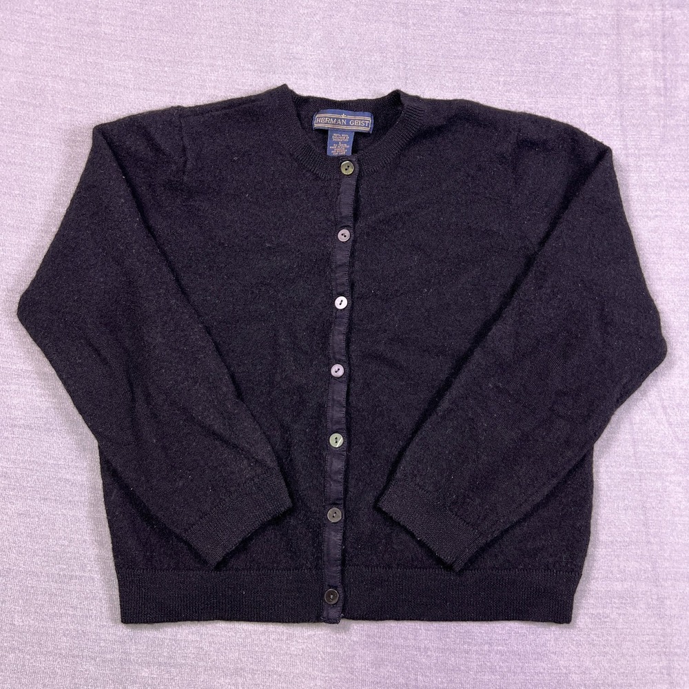 Herman Geist Womens Black Button Front 100% Wool Winter‎ Cardigan Sweater Size L